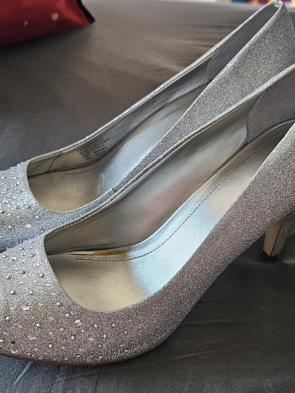 Sparkle Silver Peep-Toe Mid Heels with Crystal Accent